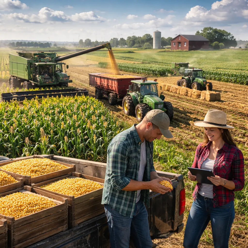 Modern agriculture farm with farmers inspecting corn harvest, tractors, and combine harvester working in a large crop field.
