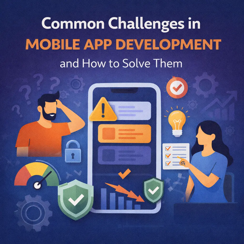 Illustration of common mobile app development challenges and solutions for performance, security, and user experience