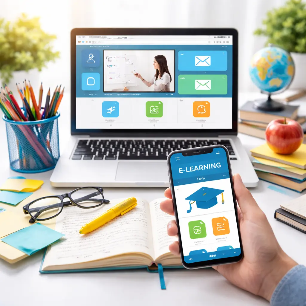 EdTech learning setup with laptop, smartphone e-learning app, books, and study materials representing digital education technology.