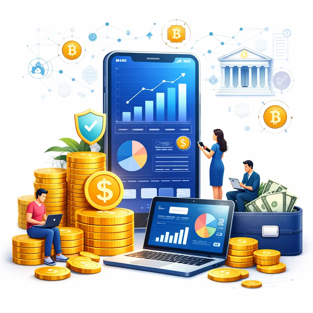 Fintech learning setup with smartphone financial dashboard, laptop analytics, coins, and digital banking icons representing modern financial technology.