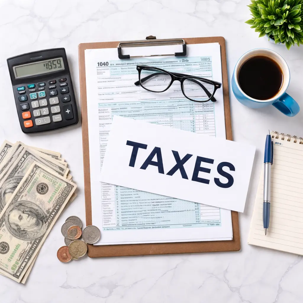 Top view of tax preparation workspace with a clipboard holding a 1040 tax form, a paper labeled “TAXES,” calculator, cash and coins, eyeglasses, a notebook with pen, a cup of coffee, and a small plant on a white marble desk.