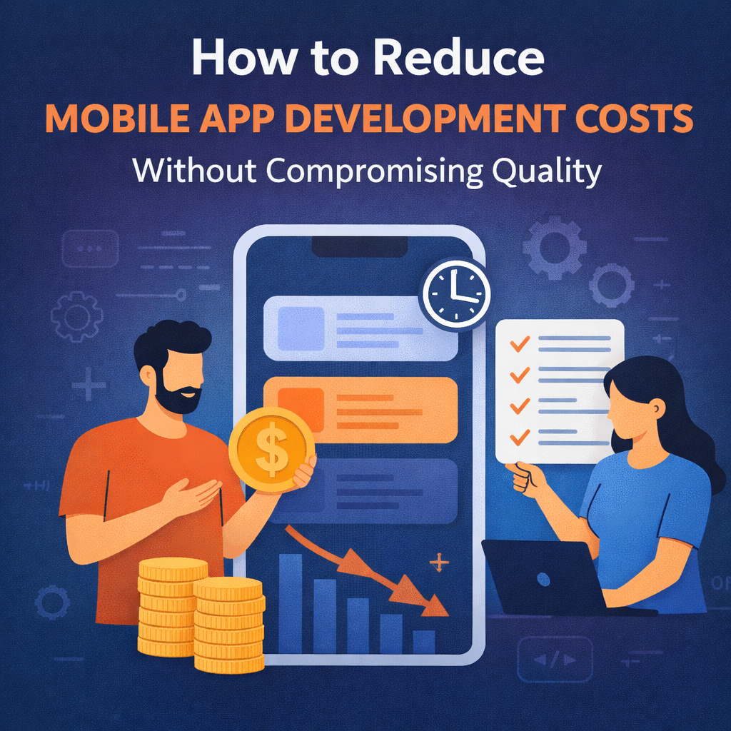 Illustration showing strategies to reduce mobile app development costs without compromising app quality and performance