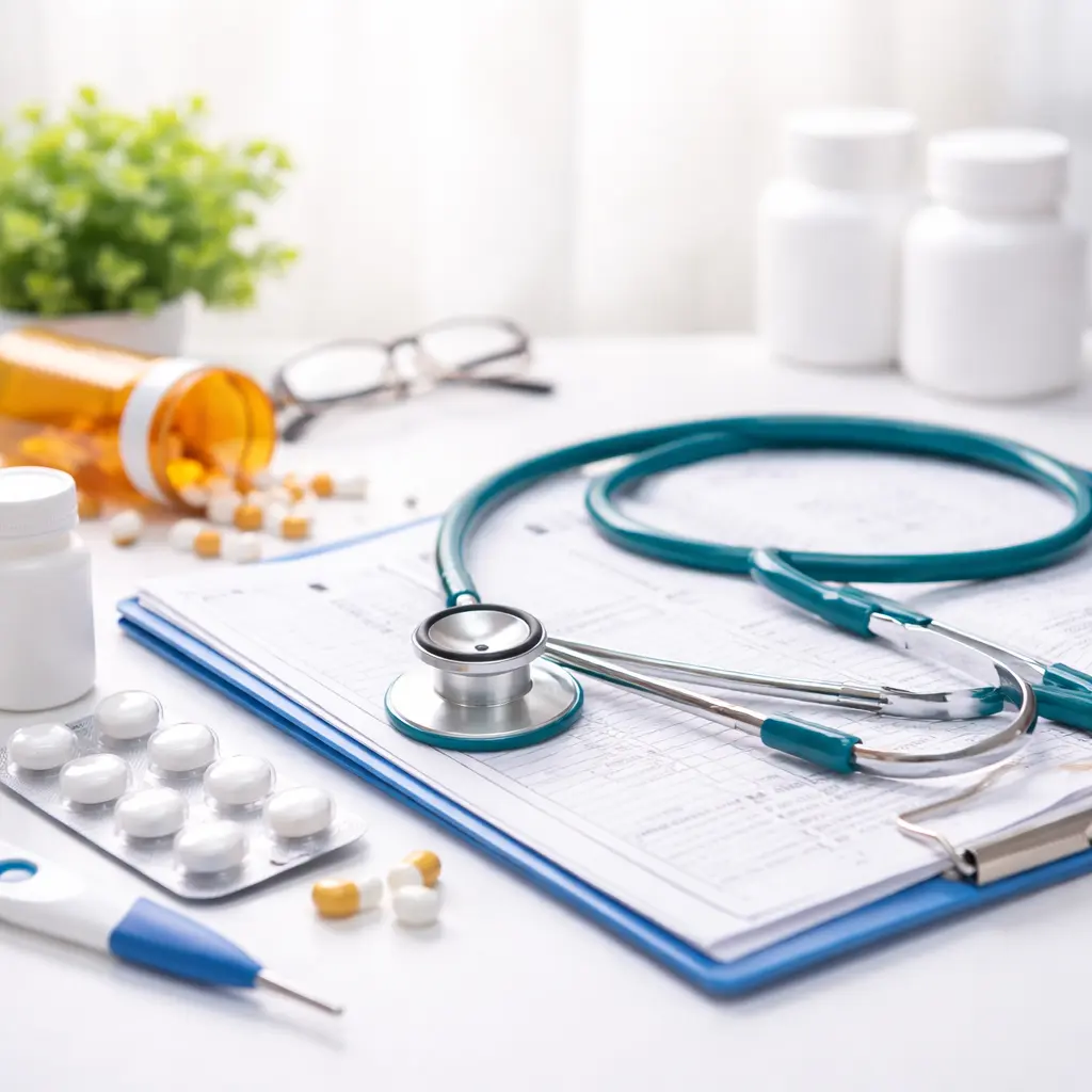 Healthcare workspace with stethoscope, medical clipboard, pills, and prescription bottles arranged on a clean white desk representing health and wellness.