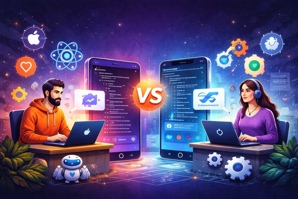 Illustration comparing React Native and Flutter frameworks for cross-platform mobile app development with developers and smartphones.