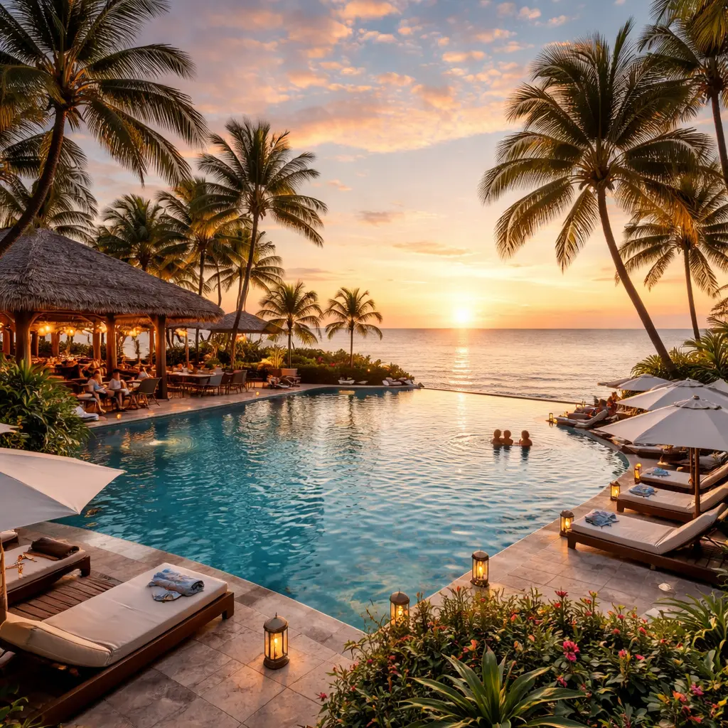 Luxury tropical beach resort at sunset with palm trees, an infinity swimming pool overlooking the ocean, lounge chairs with umbrellas, and a seaside restaurant glowing with warm lights.