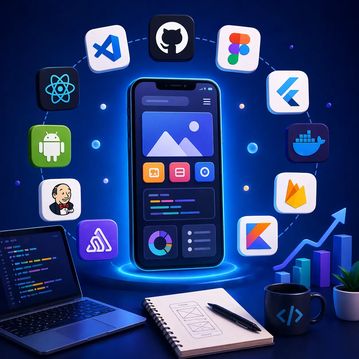 Modern app development workspace illustration showing tools, coding environment, and mobile app interface design