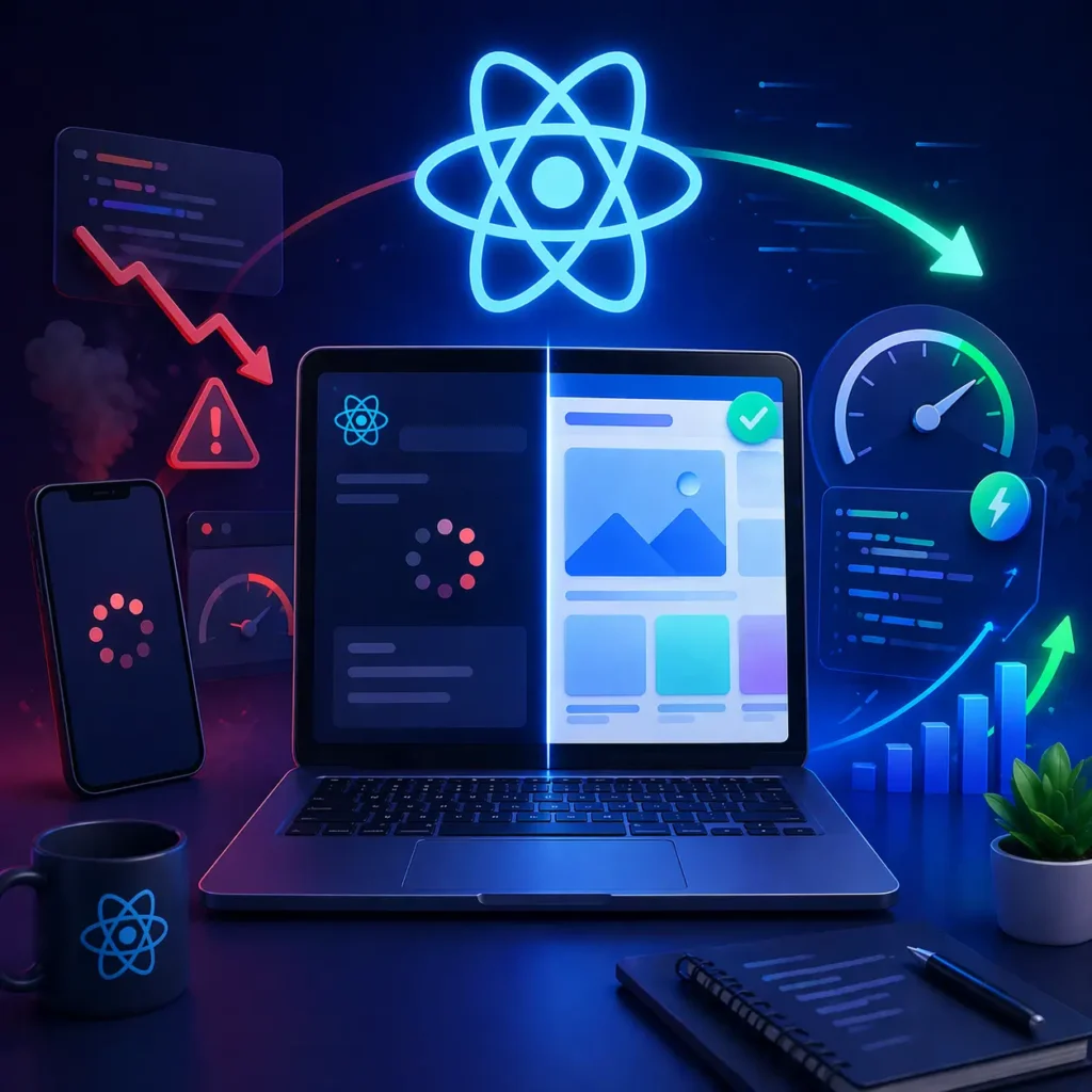 **Image Alt Text (125 characters)** React app performance optimization illustration showing slow vs fast UI, speed improvements, and efficient development workflow tools