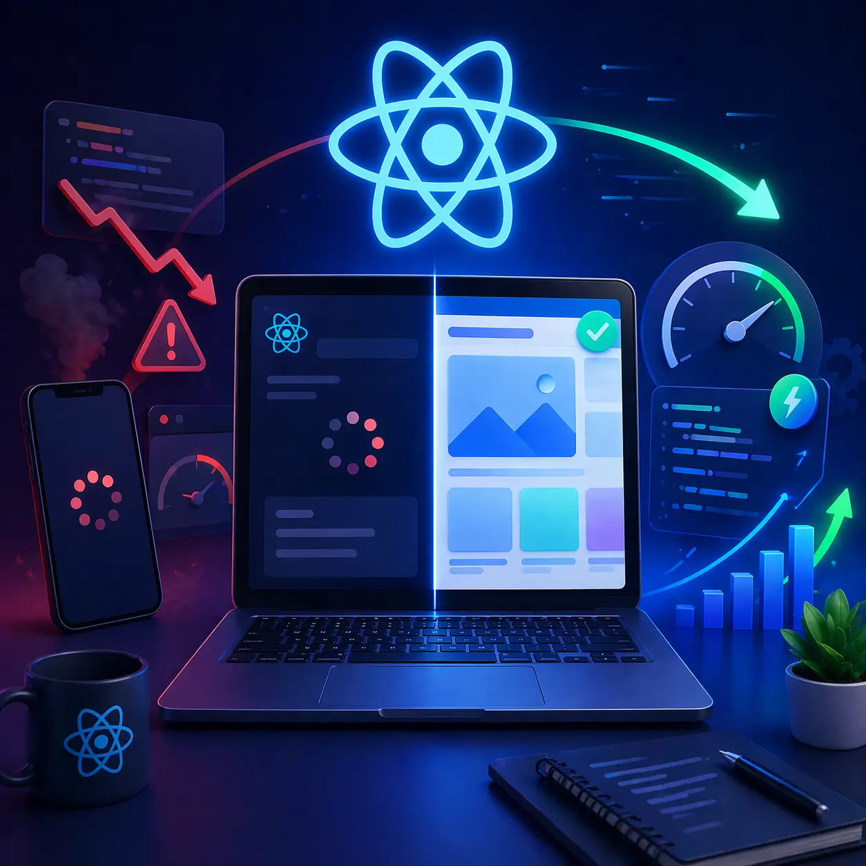 **Image Alt Text (125 characters)** React app performance optimization illustration showing slow vs fast UI, speed improvements, and efficient development workflow tools