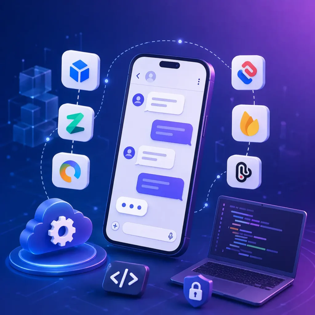 Futuristic 3D isometric smartphone with chat interface surrounded by app SDK icons and developer tools in a neon digital environment